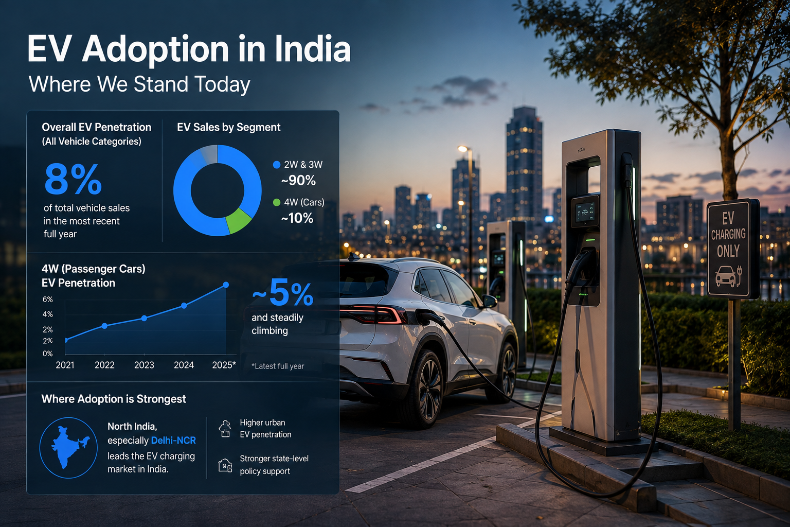 Infographic showing EV adoption in India: 8% overall penetration, ~5% four-wheeler penetration, and Delhi-NCR leading the charging market